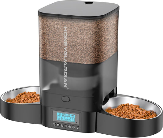 HoneyGuaridan 3.5L Automatic Cat Feeder for Two Cats, Food Dispenser with Stainless Steel Bowl,Timed Cat Feeder Programmable 1-6 Meals Control, Dual Power Supply,10s Meal Call Black
