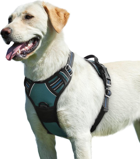 Eagloo Dog Harness for Large Dogs, No Pull Service Vest with Reflective Strips and Control Handle, Adjustable and Comfortable for Easy Walking, No Choke Pet Harness with 2 Metal Rings, Dark Green, L