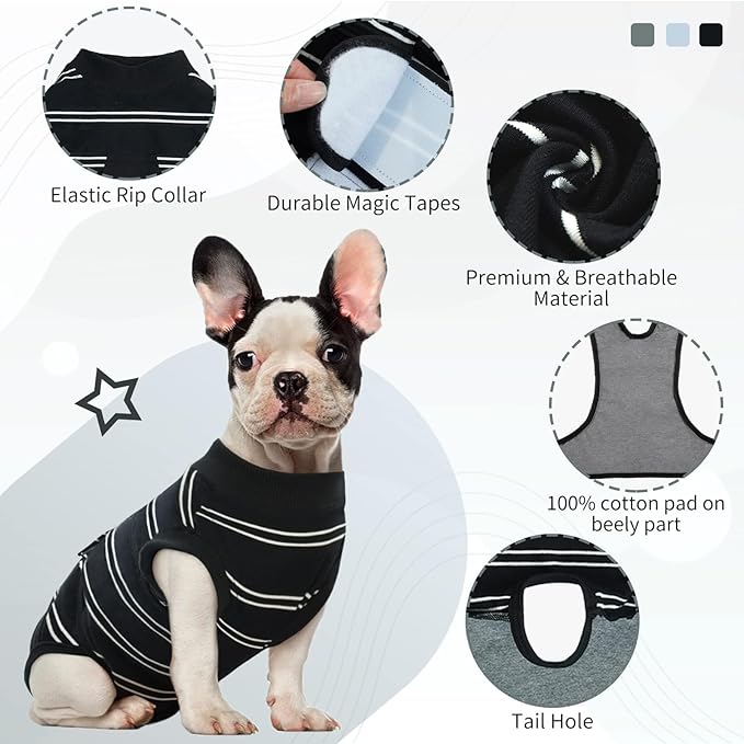 Kuoser Dog Surgery Recovery Suit for Female Male Dogs, Stripes Spay Neuter Anti-Licking Dog Onesie, Surgical Suit Snugly Pet Post Surgery Vest Bodysuit for Abdominal Wounds Skin Disease, Black S