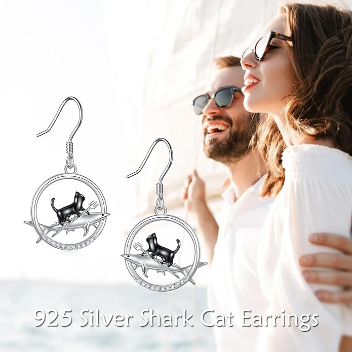 YFN Cat Earrings for Women Sterling Silver Shark Dangle Earrings Cat Jewelry Gifts for Women Cat Lover Shark Jewelry for Shark Lover
