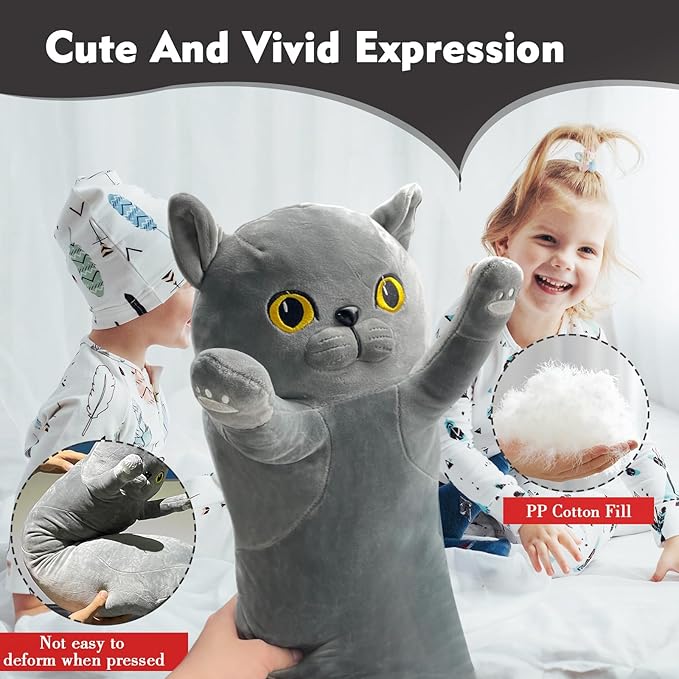 Long Cat Plush Pillow, 43.3in Cute Gray Cat Plushie Stuffed Animals Body Pillow, Kawaii Kitten Soft Plushie Doll Toy Birthday Gift for Kids Girlfriend