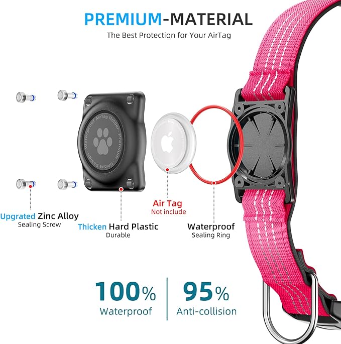 Upgraded AirTag Dog Collar, IP68 Waterproof Air Tag Dog Collar Holder, Reflective, Ultra-Durable, Comfortable Padded, Heavy Duty Dog Collars for Small Medium Large Dogs (L (14.8"-20.3"), Hotpink)