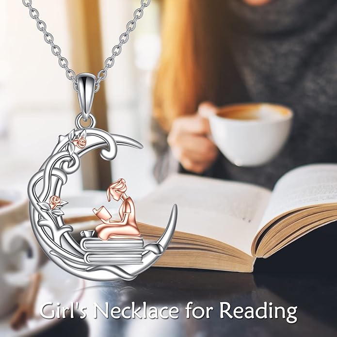 YFN 925 Sterling Silver Book Lover Necklace Reading Pendant for Women Graduation Gift Jewelry for Student Friends Classmate