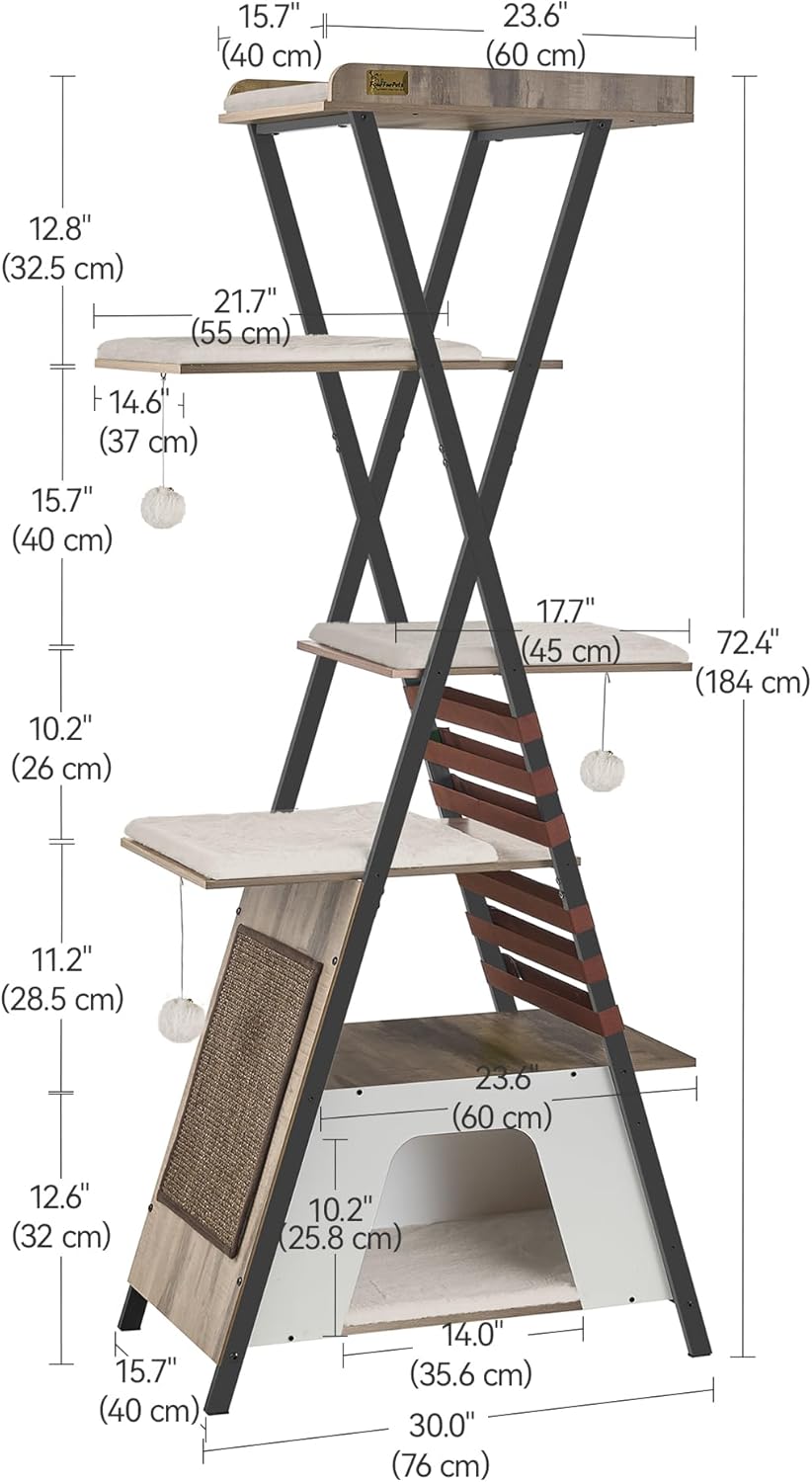 FourFurPets 72.4" Cat Tree, Modern Cat Tower for Indoor Cats, Multi-Level Cat Condo with Caves, Tall Cat Tree with Cat Scratching Board, Wooden Cat Tower with Large Perch, Removable Pads, Camel Brown