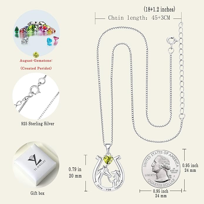 YL Women's Horse Necklace 925 Sterling Silver Horseshoe Pendant Birthstone Animals Jewelry