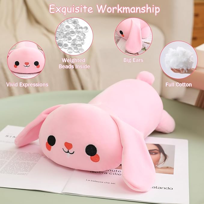 SQEQE Weighted Bunny Plush, Weighted Bunny Stuffed Animal, Cute Plushies Soft Pink Pillow Toy Gift for Kids Adults 23.6 Inch, 3.1 Lbs