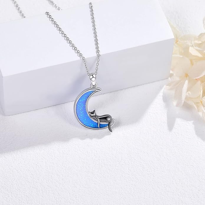 LONAGO Black Cat Moon Necklace with Created Blue Opal Sterling Silver Black Cat Necklaces Gift for Women