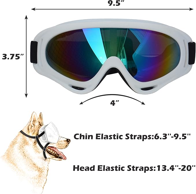 Large Dog Sunglasses With Adjustable Strap UV Protection, Windproof Puppy Eyewear, Suitable for Medium-Large Pets, Eyes Protection, Soft Goggles (White Frame)