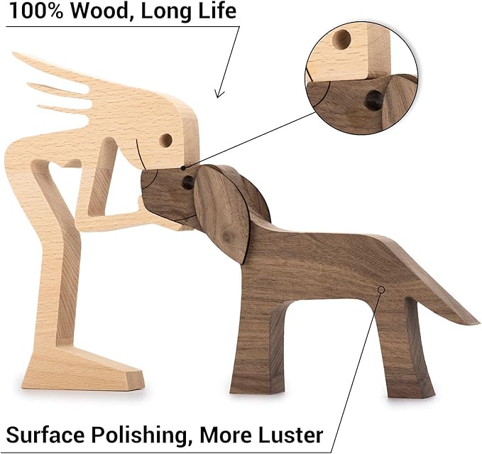 Wooden Sculptures Handmade Accents Craft Figurine for Home Decor Accents, Woman and Dog Wooden Statue, Animal Sculptures Collection, Gift for Men Women Natural ECO Friendly Large Size 10x6x0.8 inches