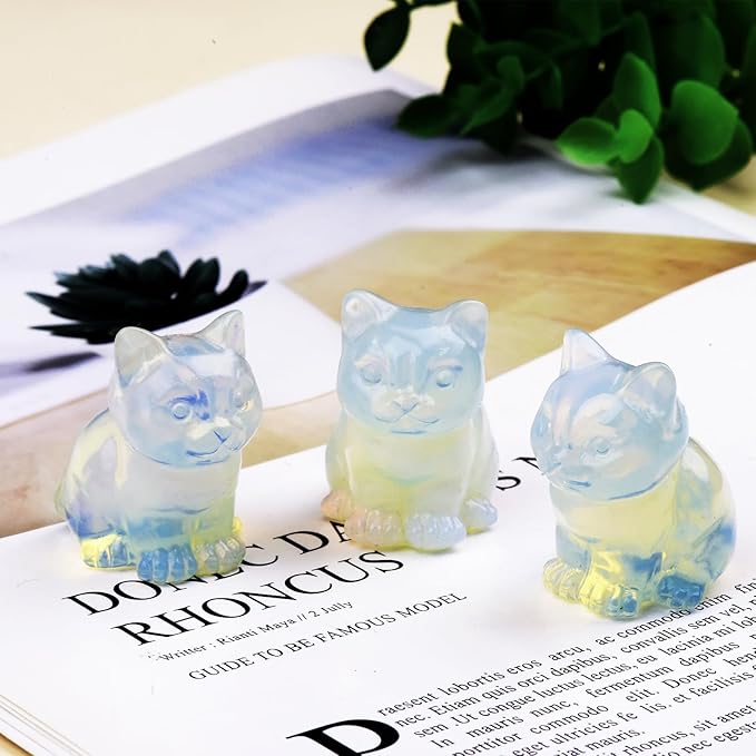 White Opalite Cat Crystal Statues, Healing Crystal Kitty Figurine Decorations, White Cat Gift Lucky Cute Kitten Figurines, Handcrafted Figurine for Home Décor and Spiritual Protection