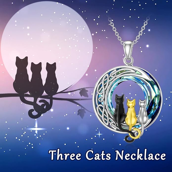 TOUPOP Cat Gifts for Cat Lovers 1 2 3 Cats Necklace Sterling Silver Cat on the Moon Pendant Necklace with Blue Circle Crystal Birthday Christmas Celtic Jewelry Gifts for Women