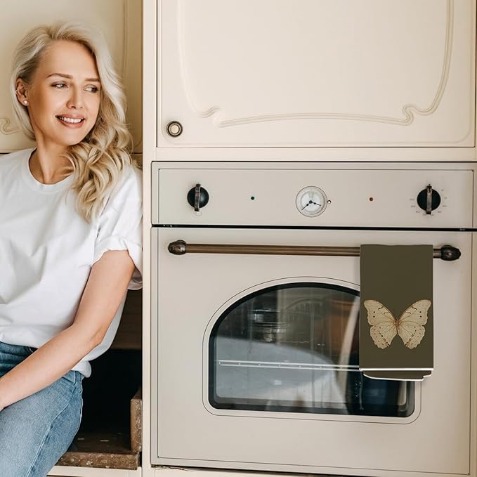 Vintage Butterfly Kitchen Towels, Cottagecore Dark Green Butterfly Decorative Dish Tea Towels for Kitchen, Antique Insect Moth Hand Towels for Bathroom, 16x24 Inch