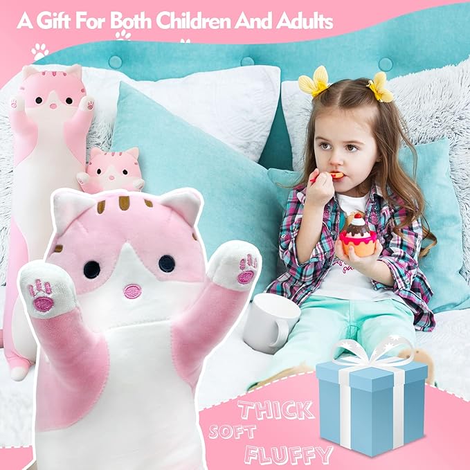 Long Cat Plush Pillow, 43.3in Cute Pink Cat Plushie Stuffed Animals Body Pillow, Kawaii Kitten Soft Plushie Doll Toy Birthday Gift for Kids Girlfriend