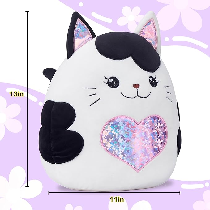 Large Cat Plush Pillow Stuffed Animal Toy,with Heart Big Size Cute Soft 13" Fat Kawaii Hugging Cuddle Huggable Adorable Plushie,Gift for Kids