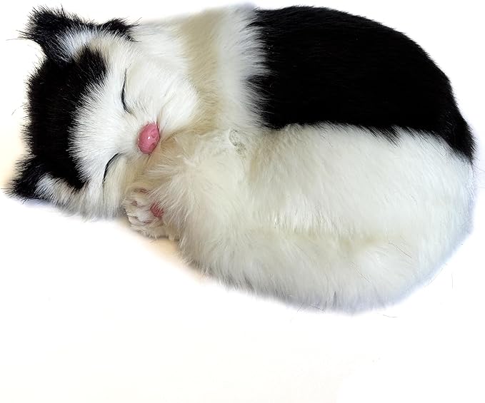 Realistic Furry Black and White Baby Cat Figurine Simulation Sleeping Kitten Home Office Shelf Decorative Statue, Pet Replica, Stuffed Animal, Photo Props