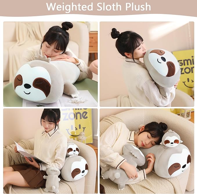 SQEQE Weighted Sloth Plush, Weighted Sloth Stuffed Animal, Cute Sloth Plushies Sloth Pillow Toy Gift for Kids Adults Brown 9.8 Inch, 0.8 Lbs