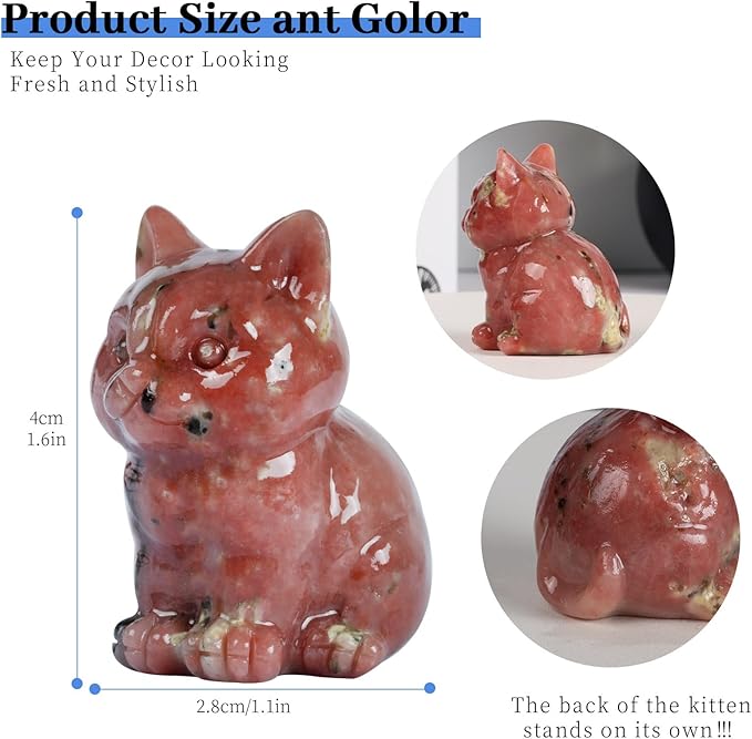 1.6 Inch Crystal Cat Statues, Plum Blossom Tourmaline Crystal Cat Figurines, Healing Crystal Kitty Figurine Decor, Cute Lucky Cat Statues for Gifts, Handcrafted Crystal Figurines for Home Ornaments