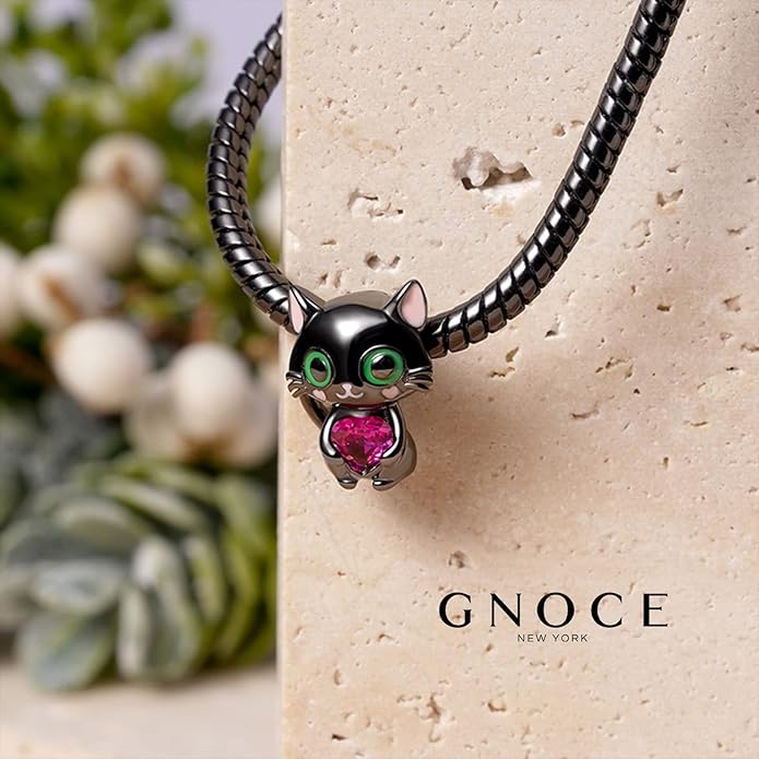 GNOCE Black Cat Embraces Heart Gemstone Charm Bead Sterling Silver Fit Bracelet/Necklace Jewelry Gift For Women Wife
