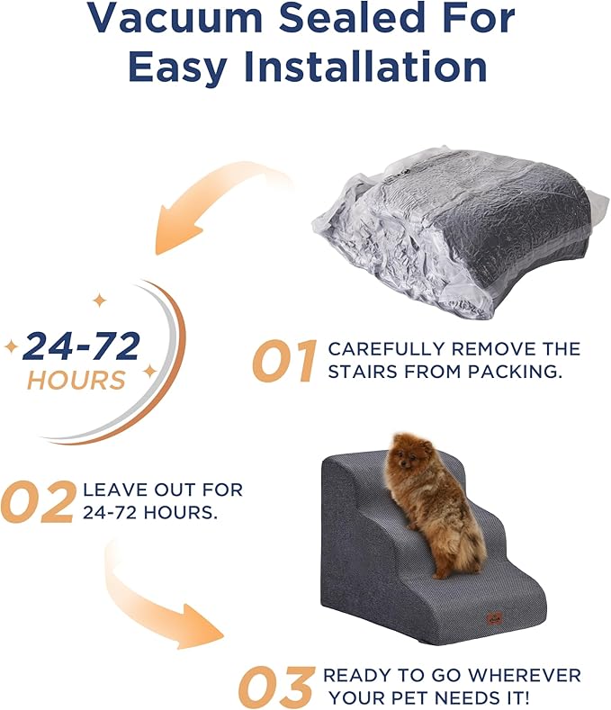 Gray Curved Dog Stairs Ramp for Small Dogs & Cats 17.1" H, 3-Step Dog Steps for Couch Sofa and Chair, Pet Stairs for Cats, Non-Slip Balanced Pet Steps