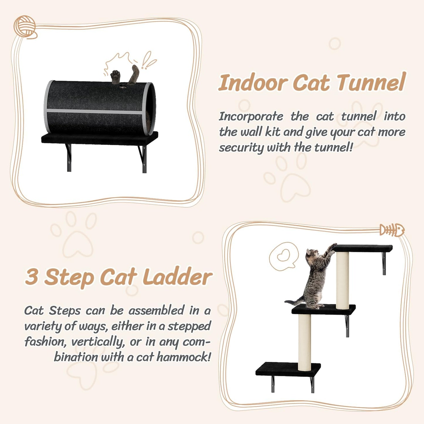 NUNU LAB Cat Wall Shelves Set, 7 Pcs Wall-Mounted Cat Climber with Cat House, Tunnel, Bridge, Scratching Post, Hammock, Wall Shelves, Black