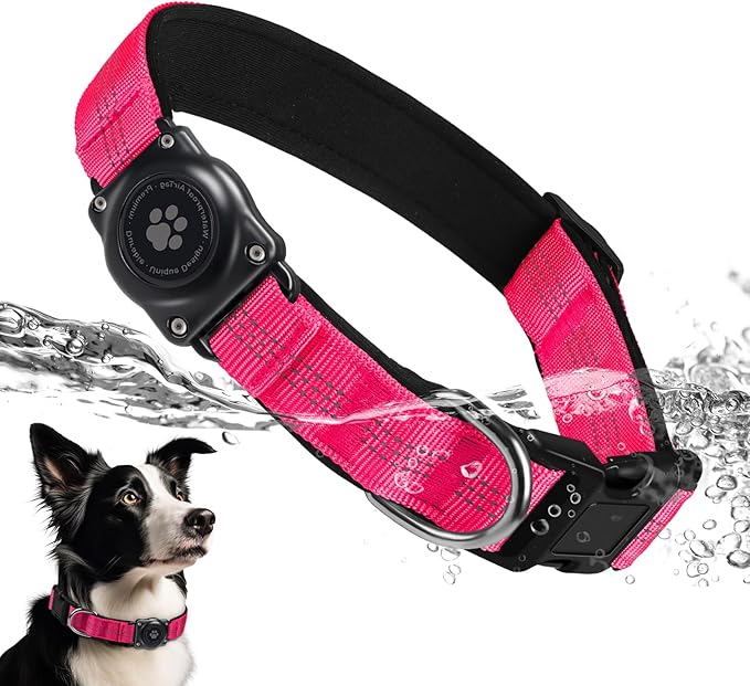 Upgraded AirTag Dog Collar, IP68 Waterproof Air Tag Dog Collar Holder, Reflective, Ultra-Durable, Comfortable Padded, Heavy Duty Dog Collars for Small Medium Large Dogs (XS (10.25"-13"), Hotpink)