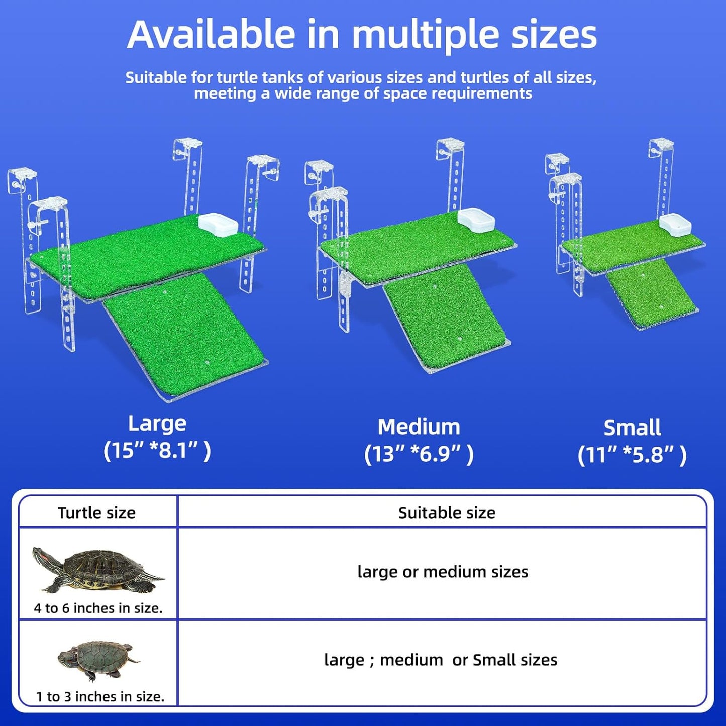 Adjustable Hanging Turtle Dock with Anti-Slip Artificial Grass Basking Platform Sturdy Acrylic Ramp for Aquatic Turtles, Compatible with Various Tank Sizes, Easy Setup Transparent, 15 Inch