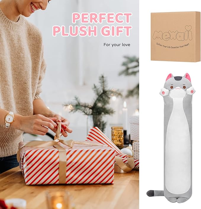 Long Cat Plush Cat Body Pillow, 53 Inch Cute Gray Cat Stuffed Animals Soft Plushies, Kitten Kawaii Plush Throw Pillow Doll Toy Gift for Girlfriend