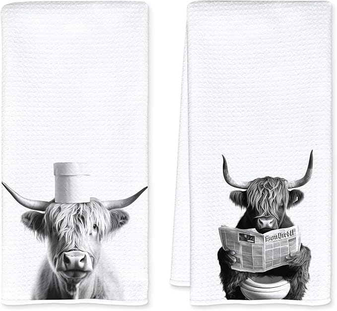 Funny Toilet Newspaper Western Cow Bathroom Hand Towels, Cow Lovers Gifts, Farmhouse Animal Hand Towels for Bathroom Washroom Restroom Decor, 16x24 Inch Set of 2
