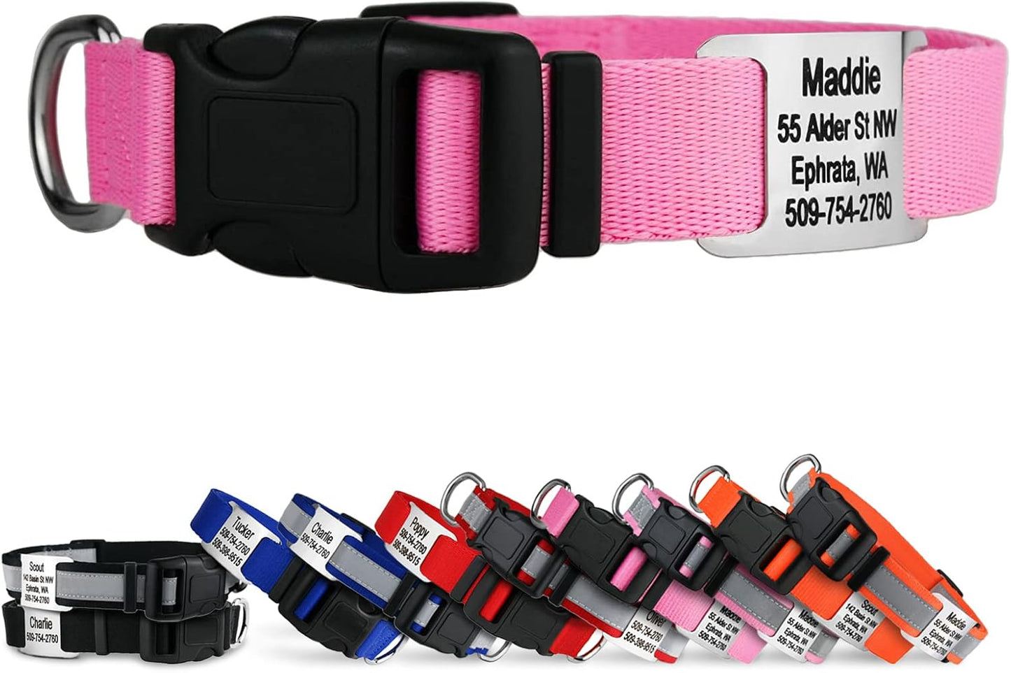 GoTags Personalized Dog Collar with Nameplate, Adjustable Dog Collar with Custom Engraved Slide On Pet ID Tag in Stainless Steel, Silent, No Noise Dog Tag for Large Medium and Small (Pink, Small)