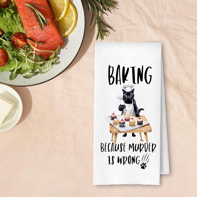 Funny Black Cat Baker Kitchen Towels, Cat Lover Mom Lady Gifts, Humorous Tea Towels for Baking, Gifts for Baking Lovers Decorative Dish Hand Towels for Kitchen, 16x24 Inches