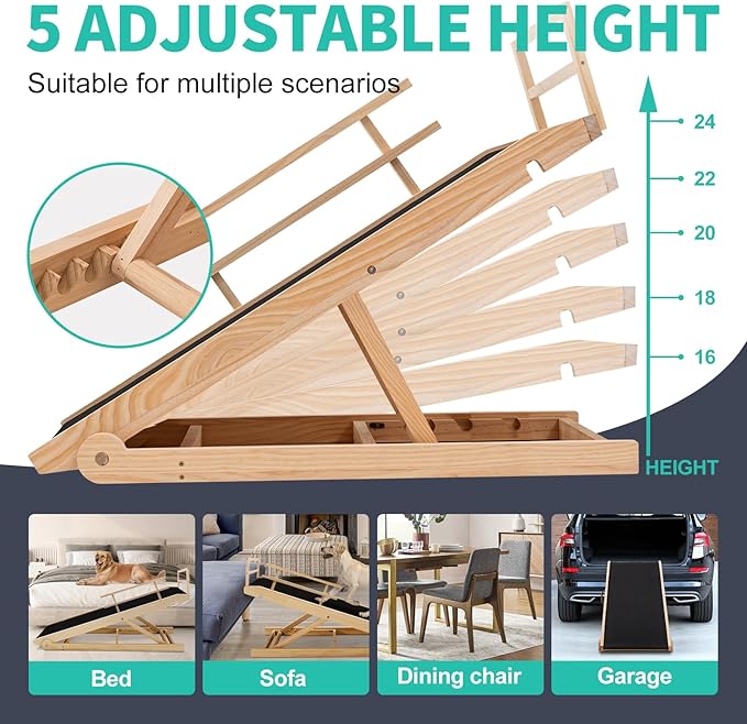 Dog Ramp, 5 Level Adjustable Wooden Folding Pet Ramp for Middle Bed, Couch,SUV-High Traction, Portable Paw Ramps for Small & Large Old Dogs & Cats - Furniture Quality