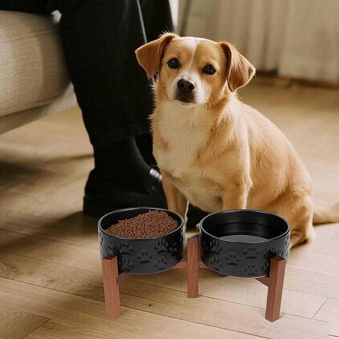 SPUNKYJUNKY Ceramic Elevated Dog Bowl Set with Acacia Wood Stand for Food and Water for Small Medium Sized Dogs (28.74 OZ, Black, Dog Paw Pattern)