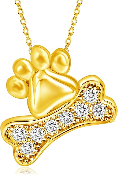 925 Sterling Silver Plated Gold Cute Paw Print Pendant Necklace for Women Dog Bone Necklace Cat Pet Paw Puppy Gifts for Dog Pet Lover Paw Animal Jewelry 18 inches Birthday Party