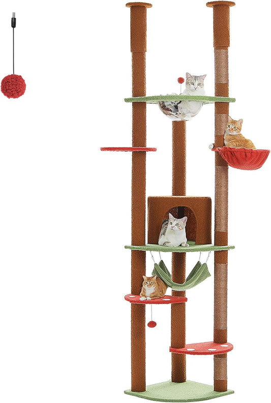 PEQULTI Floor to Ceiling Cat Tree 92.9’’-101.6’’ Height Adjustable Mushroom Cat Tower Tall Climbing Play House with Scratching Posts, Cozy Condo, Perches and Large Hammock for Indoor Cats Brown