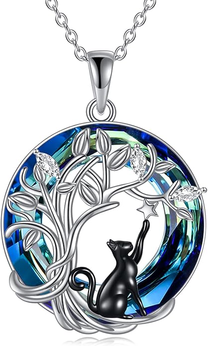 925Sterling Silver Moon Black Cat Necklace for Women Tree of Life Cat Jewelry for Women Abalone Necklace for Cat Lover Birthday