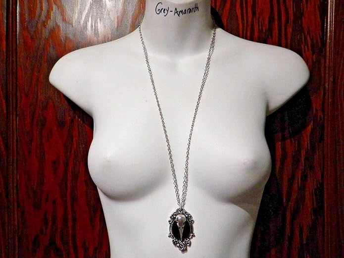 Regal Rock Gothic Bird Skull Pendant Over Black Rose Cameo Pendant on Long Chain Necklace