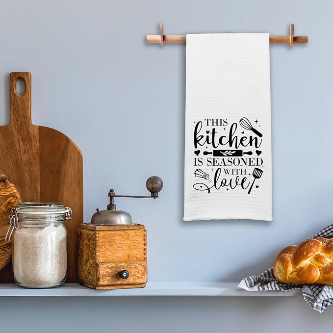 Funny Kitchen Towels with Sayings This Kitchen is Seasoned with Love Soft Dish Towels Chef Gifts for Kitchen Decor Sweet Housewarming Gifts Novelty Towels Gifts for Women Men Hostess Friend