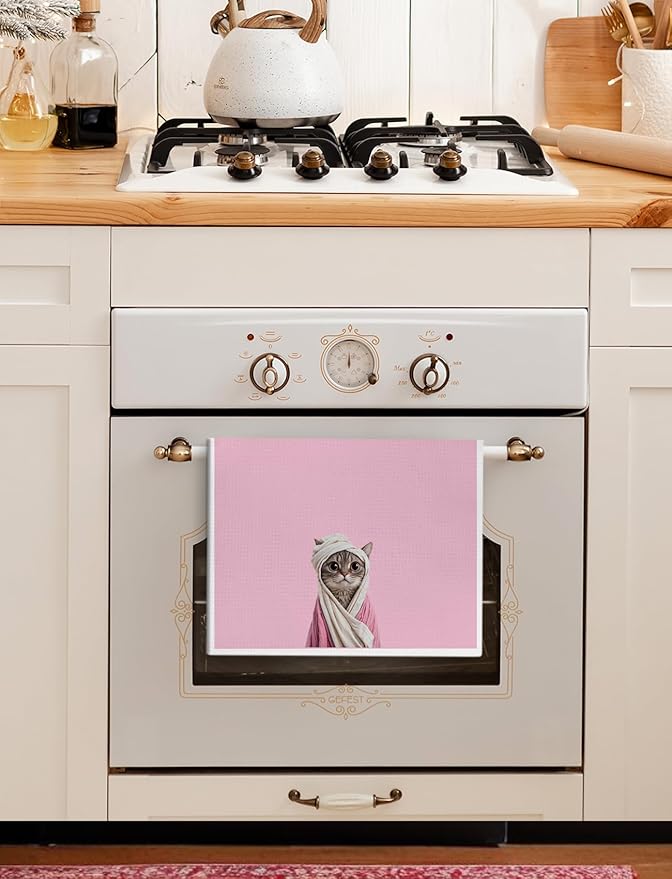 Pink Bathrobe Cat Bathroom Hand Towels, Cat Lover Mom Lady Gifts, Cute Animal Kitty Kitten Decorative Hand Towels for Bathroom, Funny Cats Kitchen Towels, 16x24 Inch
