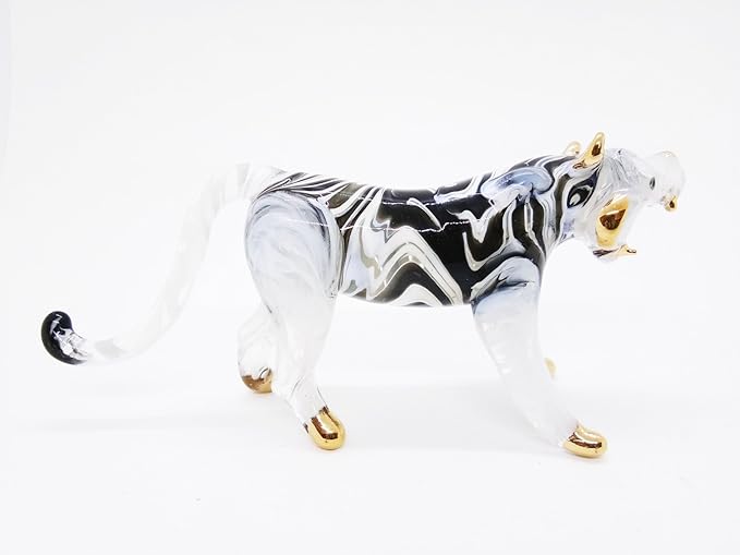 WitnyStore Tiny 5" Black White Gold Standing Tiger Roaring Figurine - Miniature Hand Blown Painted Glass Panthera Wild Cat Small Crystal Wildlife Animals Decorative Collectible Figurines Décor Gifts