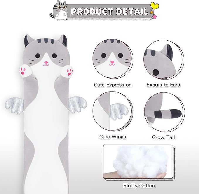 Long Cat Plush Body Pillow, Cute Cat Plush Toy Pillows with Wings, Stuffed Animals Kitten Soft Plushies Gifts for Kids Girls Girlfriend(Grey, 27.6in/70cm)