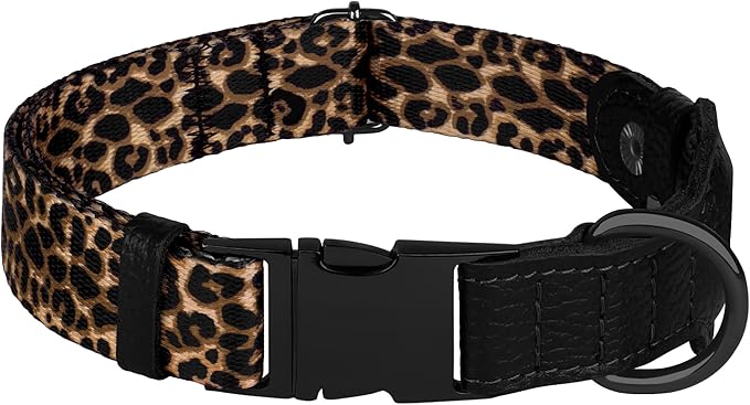 AirTag Dog Collar for Small Medium Large Breed - Adjustable Cute Pattern Dog Collar with Airtag Holder - Soft Leather Tracker GPS Apple Air Tag Pet Collars (Small, 12"-15" Neck Fit, Leopard)