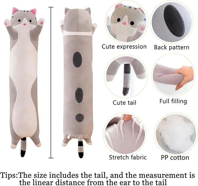 Long Cat Plush Pillow Soft Cat Hugging Pillow Stuffed Animal Pillow Cute Kitty Sleeping Throw Pillow Gift for Kids (130cm/51.18inch,Gray