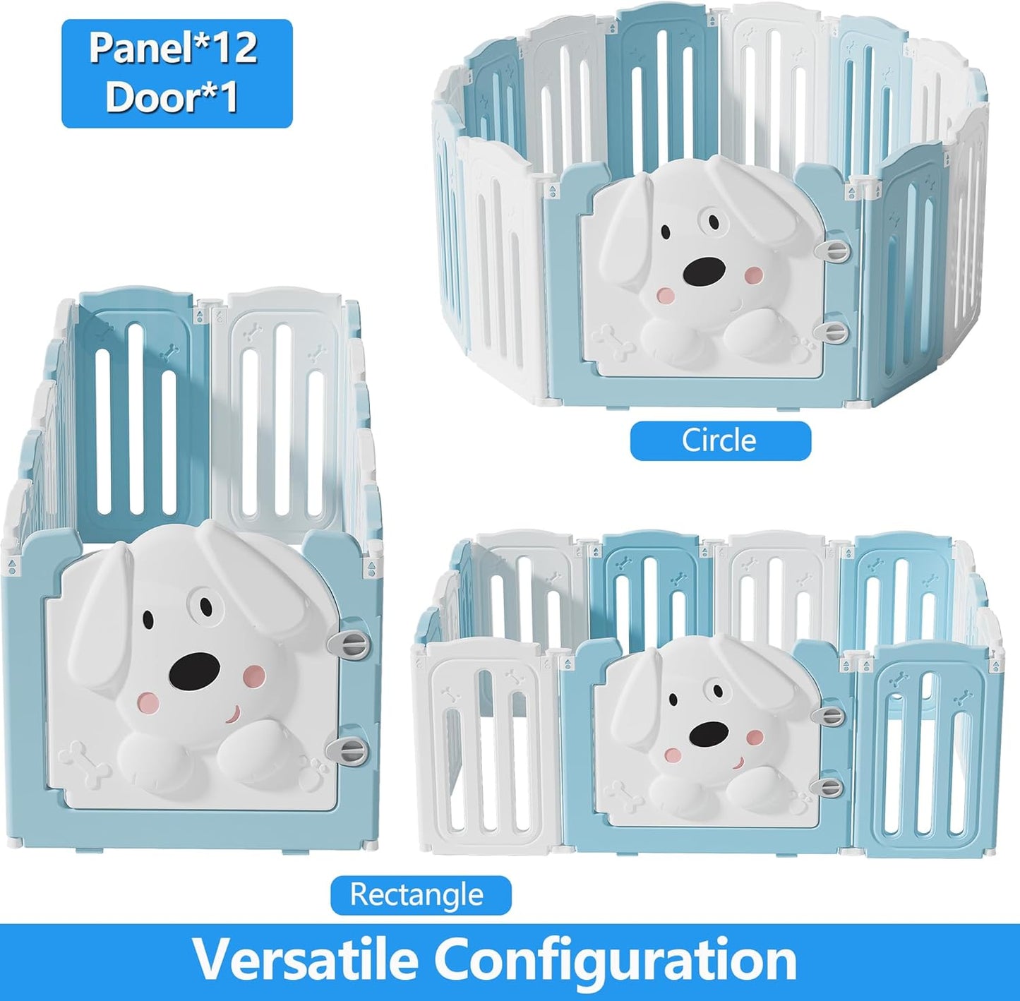Foldable Dog Play Pen Indoors, Non-Slip Sturdy Puppy Playpen with Door, 25.5" H 12-Panel Adjustable Shape Dog Fence Pen for Small/Medium Dogs, Thickened, Easy to Store, White+Blue