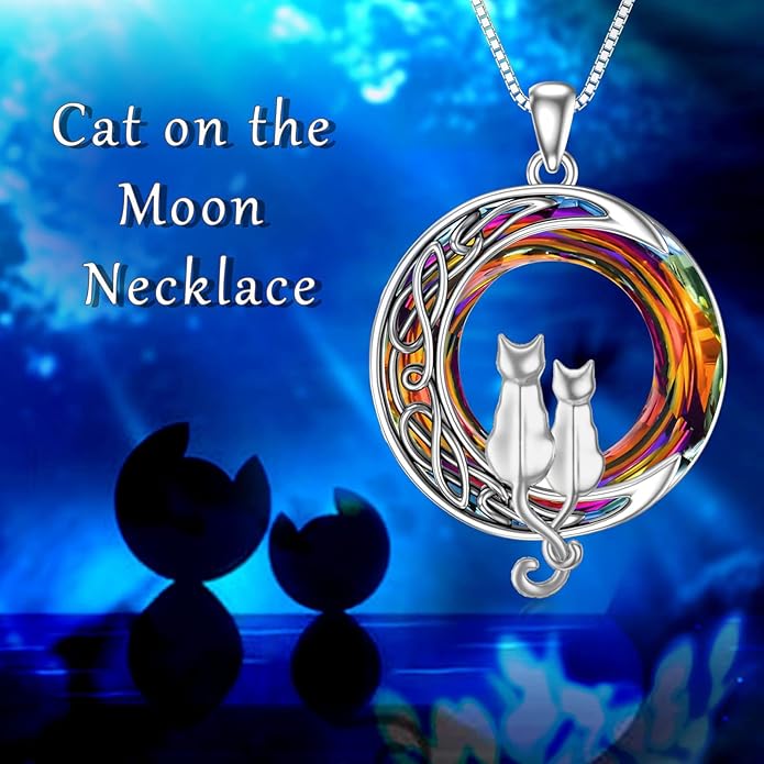 TOUPOP Cat Gifts for Cat Lovers 1 2 3 Cats Necklace Sterling Silver Cat on the Moon Pendant Necklace with Blue Circle Crystal Birthday Christmas Celtic Jewelry Gifts for Women