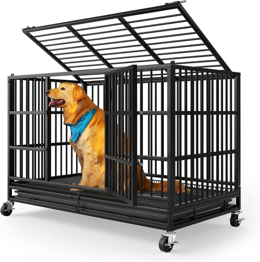 LEVELEVE 48 Inch Heavy Duty Indestructible Dog Crates for Large Dogs，Escape Proof Dog Cage Large Dogs with Lockable Wheels，Dog Kennel Furniture Indoor&Outside