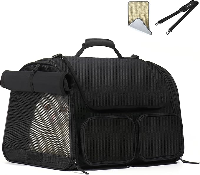 FUKUMARU Cat Carrier, 4 Mesh Windows Small Dog Carrier, 4 Storage Pockets Cat Travel Bag, Under 15 lb Airline Approved Pet Carrier, Rollable Cover for Nervous Cats, Black