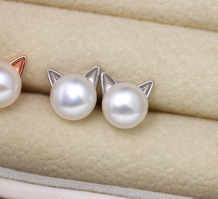 Wicary Cat Earrings Sterling Silver Pearl Earrings for Women Cat Stud Earring for Cat Lovers