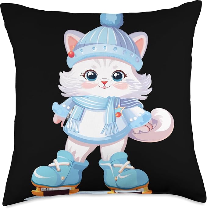 Persian Cat Figure Skater Ice Skates Kids Throw Pillow, 18x18, Multicolor
