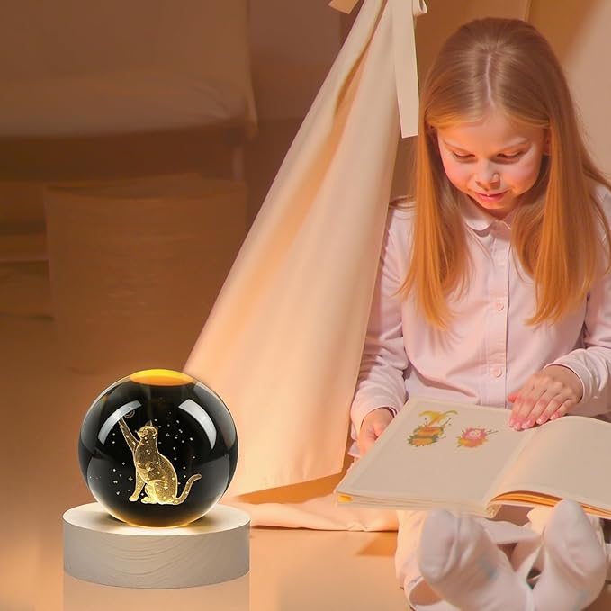 YU FENG 3D Carved Cat Crystal Ball with Light Base for Cat Lovers and Home Decor 2.36 Inch