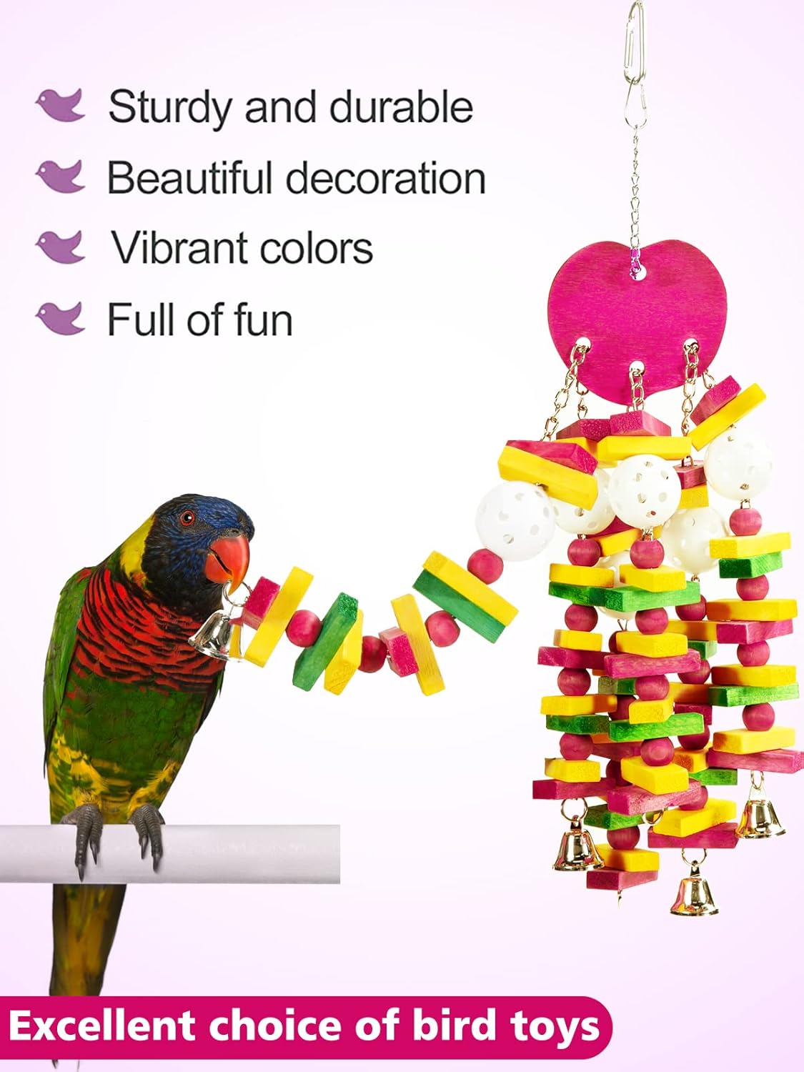 MEWTOGO Bird Toys - Edible Parrots Cage Chew Toy Gift with Bells and Safe Colorful Wood Blocks Beads for Macaws African Grey and Amazon Parrots (Peach Style)